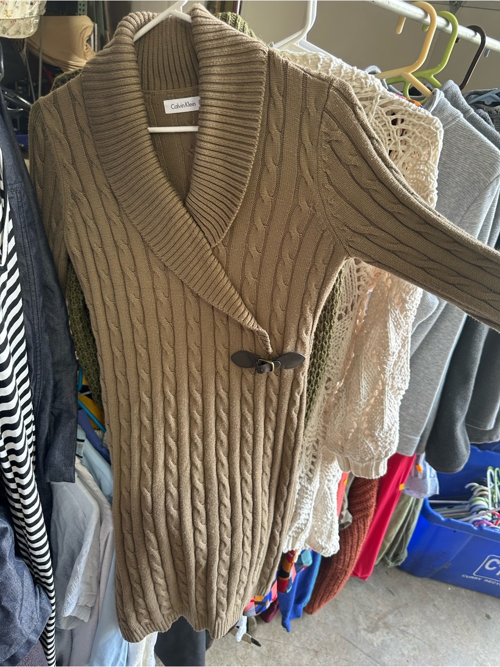 Calvin Klein Tan Cable-Knit Shawl Collar Cardigan
